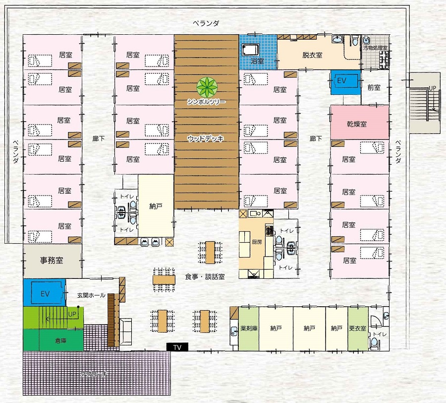 ココロ青山台 ORANGE HOUSE 1Fの施設平面図(画像を押すと拡大します)